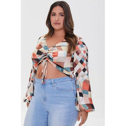 Plus Size Geo Print Crop Top Brown Multi