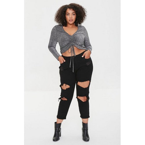 Plus Size Ruched Glitter Knit Crop Top Black Silver