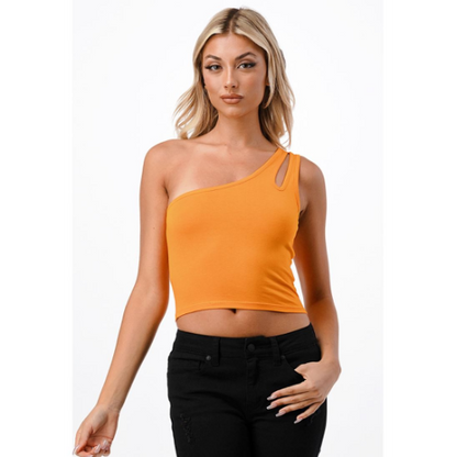 JK45670 One Shoulder Cut Out Top Amber