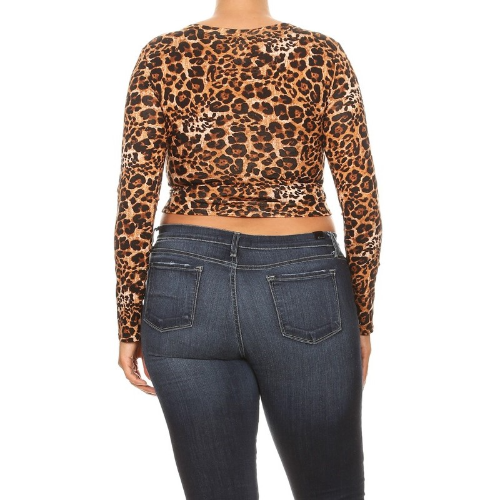 Plus Size Long Sleeve Crop Top Leopard Print