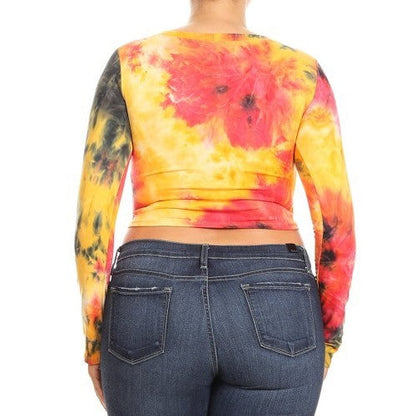 Plus Size Long Sleeve Crop Top Tie Dye Red