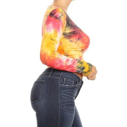 Plus Size Long Sleeve Crop Top Tie Dye Red