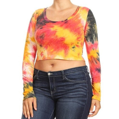 B769 Plus Size Long Sleeve Crop Top Tie Dye Red