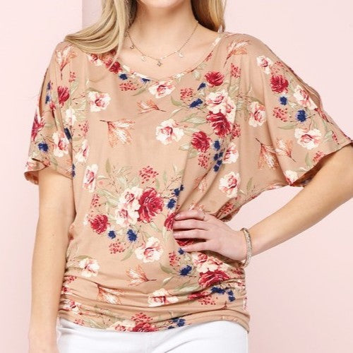 CWTTS257-P Plus Size Slit Sleeve Top Taupe Floral