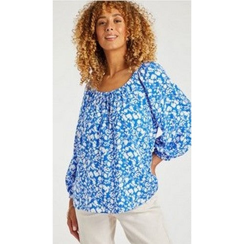 Peacocks Leaf Print Blouse Blue/White