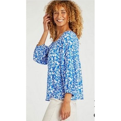 Peacocks Leaf Print Blouse Blue/White