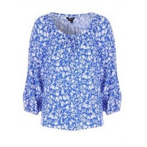 Peacocks Leaf Print Blouse Blue/White