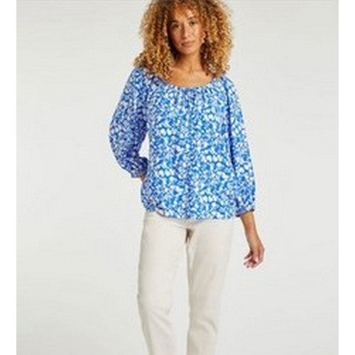 Peacocks Leaf Print Blouse Blue/White