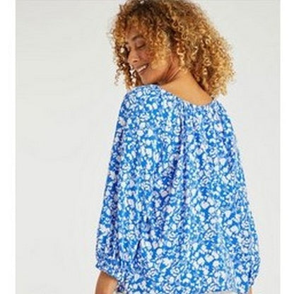 Peacocks Leaf Print Blouse Blue/White