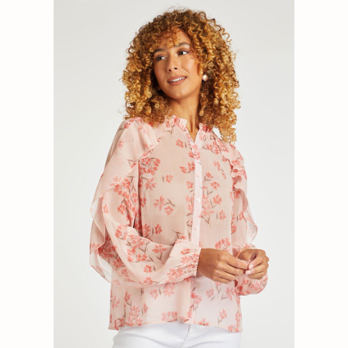 Chiffon Long Sleeve Floral Blouse Coral/Orange