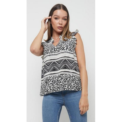 Abstract Print Frill Cap Sleeve Top Black & White