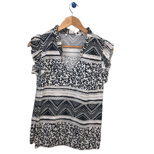 Abstract Print Frill Cap Sleeve Top Black & White