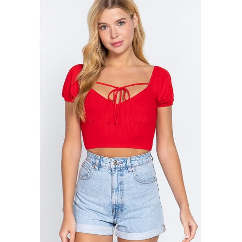 T13095 Tie Front Crop Top Red