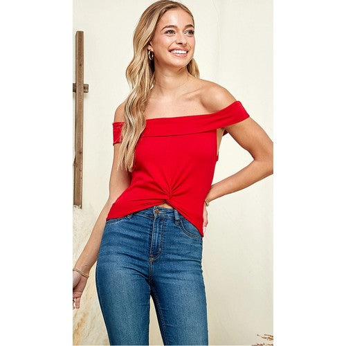 JT31004 Twist Front Off Shoulder Top Red