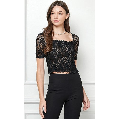 LT36121 Lace Smocking Top Black