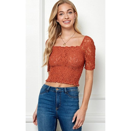 LT36121 Lace Smocking Top Terracotta Rose