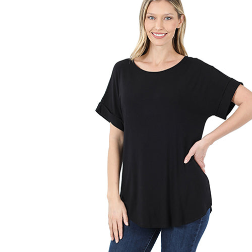 Luxe Rolled Sleeve Boat Neck Loose Fit T-Shirt Black