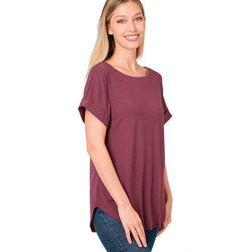 Luxe Rolled Sleeve Boat Neck Loose Fit T-Shirt Eggplant