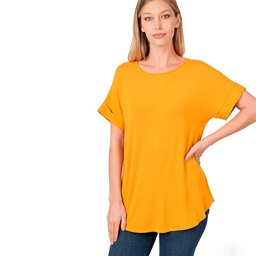 Luxe Rolled Sleeve Boat Neck Loose Fit T-Shirt Golden Mustard