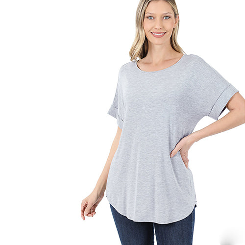 Luxe Rolled Sleeve Boat Neck Loose Fit T-Shirt Heather Grey