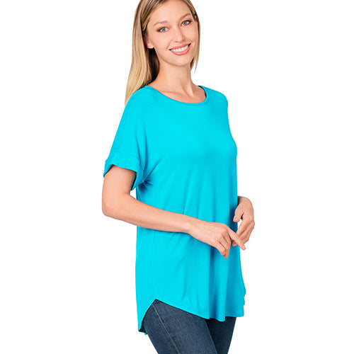 Luxe Rolled Sleeve Boat Neck Loose Fit T-Shirt Ice Blue