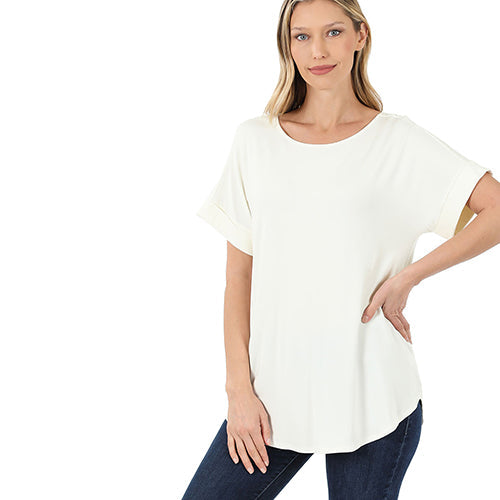 Luxe Rolled Sleeve Boat Neck Loose Fit T-Shirt Ivory