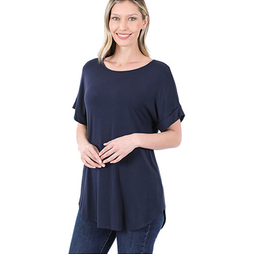 Luxe Rolled Sleeve Boat Neck Loose Fit T-Shirt Navy