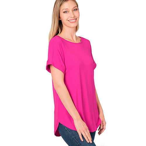 Luxe Rolled Sleeve Boat Neck Loose Fit T-Shirt Neon Hot Pink