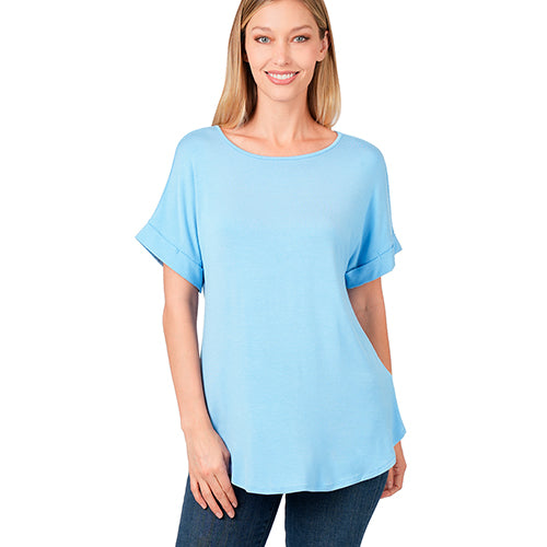 Luxe Rolled Sleeve Boat Neck Loose Fit T-Shirt Spring Blue