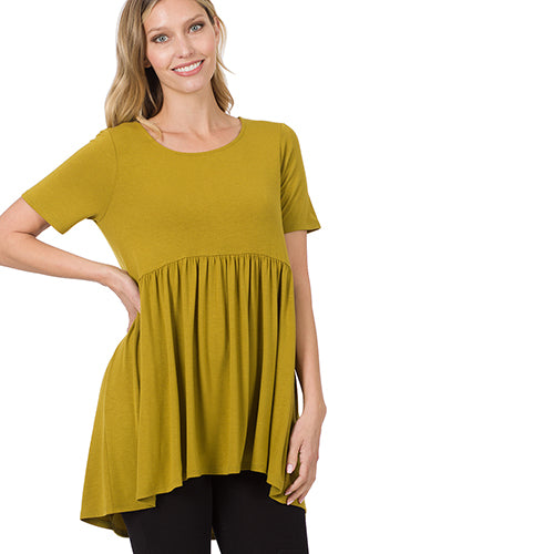 Ruffle Loose Fit Short Sleeve Top Olive Mustard