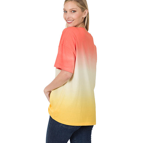 Tie Dye Round Neck Loose Fit T-Shirt Deep Coral/Yellow