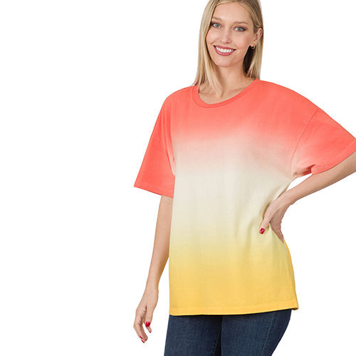 Tie Dye Round Neck Loose Fit T-Shirt Deep Coral/Yellow