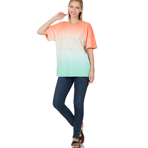 Tie Dye Round Neck Loose Fit T-Shirt Neon Coral/Mint