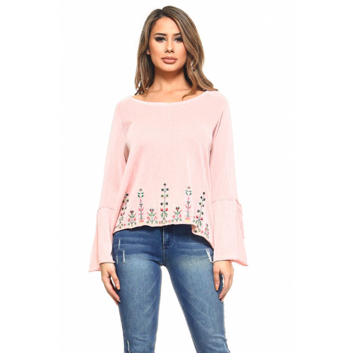 SW80002 Bell Sleeve Embroidered Linen Top Pink