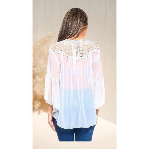 Sheer Silk Lace Peasant Top White