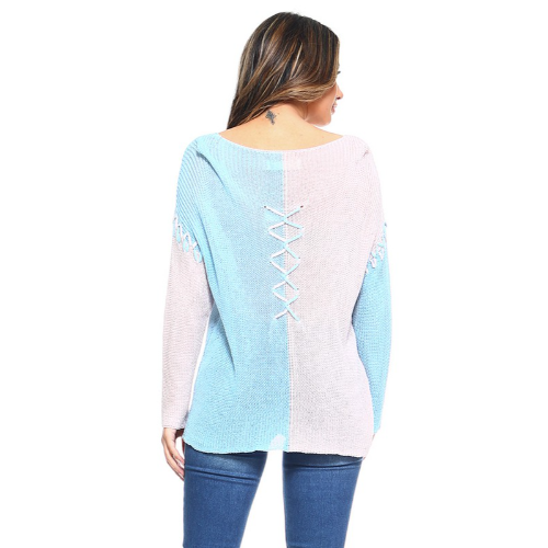 Two Tone Linen Knit Color Block Top Pink & Blue