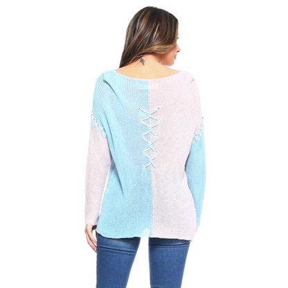 Two Tone Linen Knit Color Block Top Pink & Blue