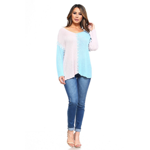 SW30384 Two Toned Linen Knit Color Block Top Pink&Blue