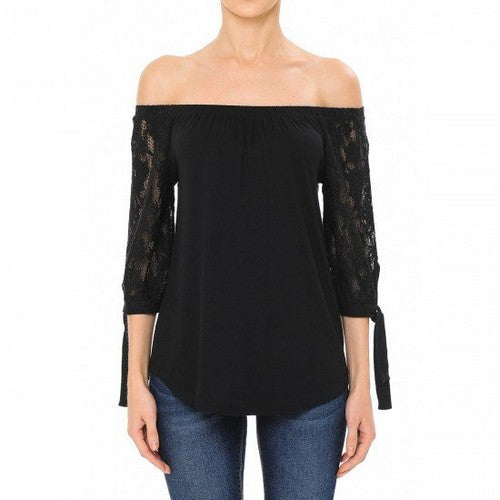 Lace Tie Sleeve Off-The-Shoulder Top Black
