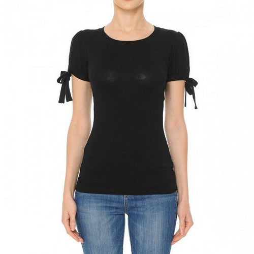 Round Neck Tie Sleeve T-Shirt Black