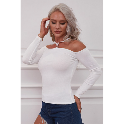 O Ring Off-Shoulder Long Sleeve Top Off White