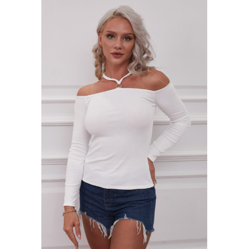 CWTTL369 O Ring Off-Shoulder Long Sleeve Top Off White