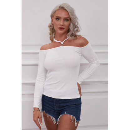 CWTTL369 O Ring Off-Shoulder Long Sleeve Top Off White