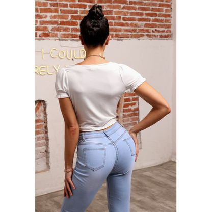 Smocking Sleeve Crop Top Off White