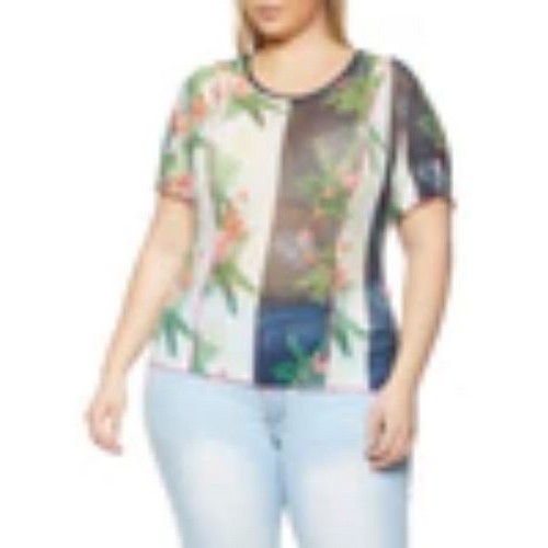 0030272637 Plus Size Sheer Tropical Print Top White