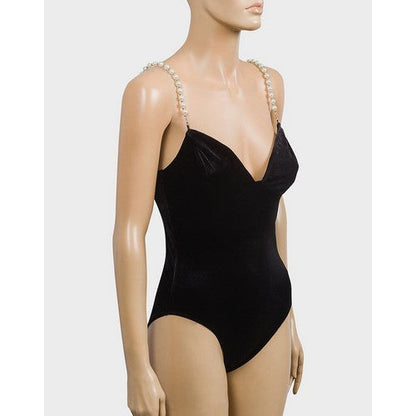 Miss Selfridge Pearl Strap Velvet Bodysuit Black