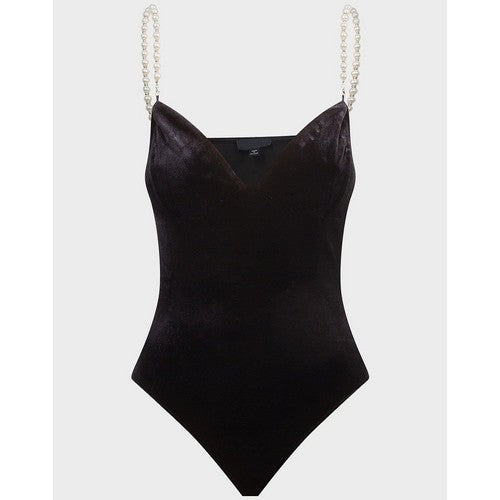 Miss Selfindge Perl Straps Velvet Bodysuit Black