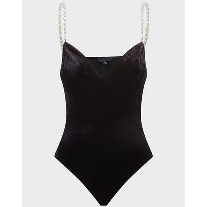 Miss Selfindge Perl Straps Velvet Bodysuit Black