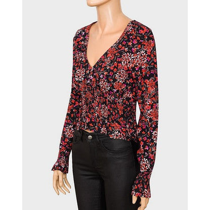 Topshop Shirred Waist Floral Top Black/Red