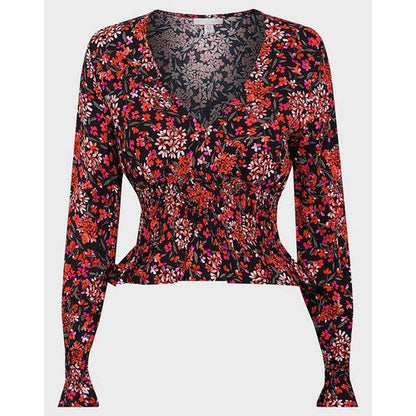 TopShop Shirred Waist Floral Top Black/Red